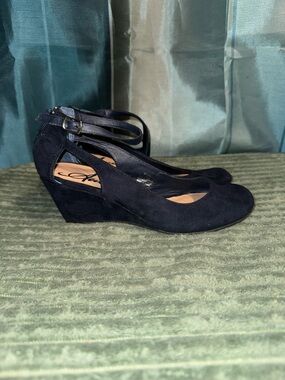 American Rag Navy Suede Wedge Pumps with Double Ankle Strap